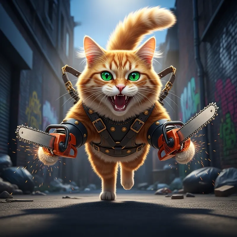 Fierce Cat with Chainsaws: A Cuteness Overload