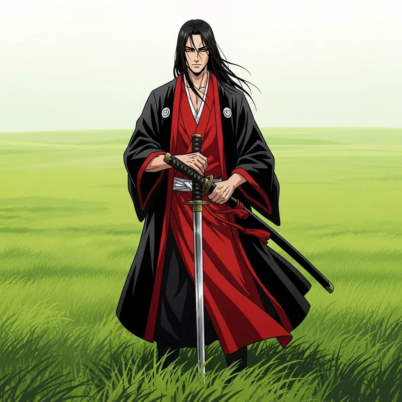 Solemn Samurai Amid Blossoming Meadow