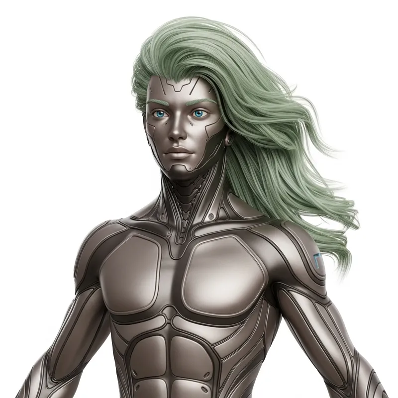 Futuristic 3D Humanoid Character Model in Metallic Skin and Green Hair Futuristic 3D Humanoid Character Model in Metallic Skin and Green Hair