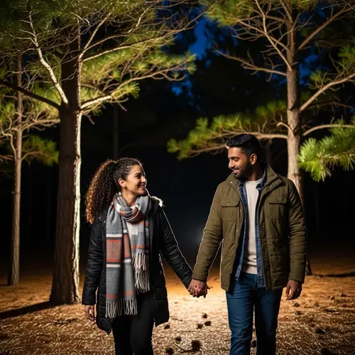 Nighttime Stroll: Diverse Couple Enjoying Forest Walk
