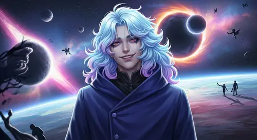 Villainous Anti-Hero with Blue & Purple Hair in Cosmic Universe