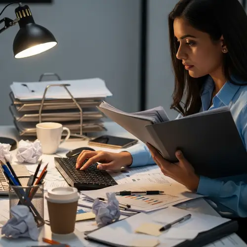 Busy South Asian Female Office Worker Surrounded by Clutter