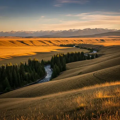 Picturesque Valley Sunset Panorama with Snowcapped Mountains