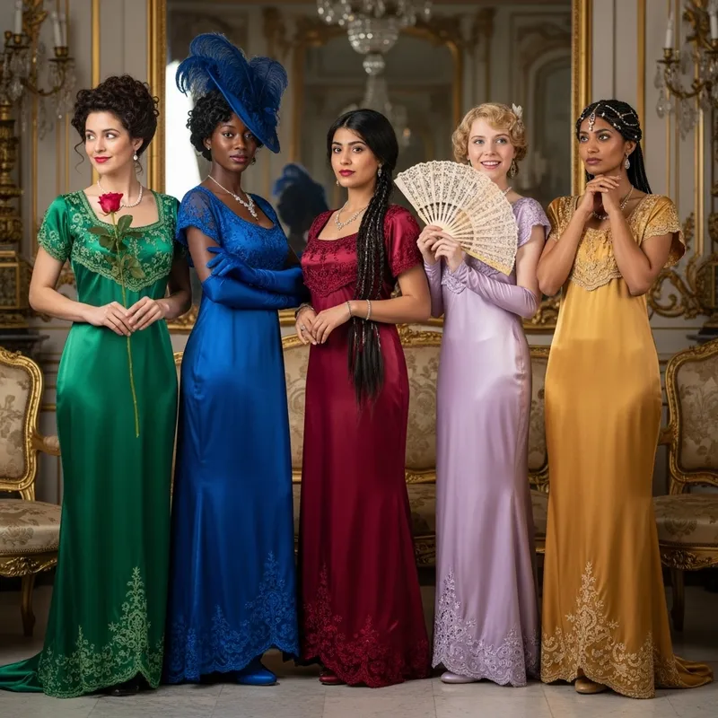 Diverse Belle Epoque Women in Full-Length Satin Dresses