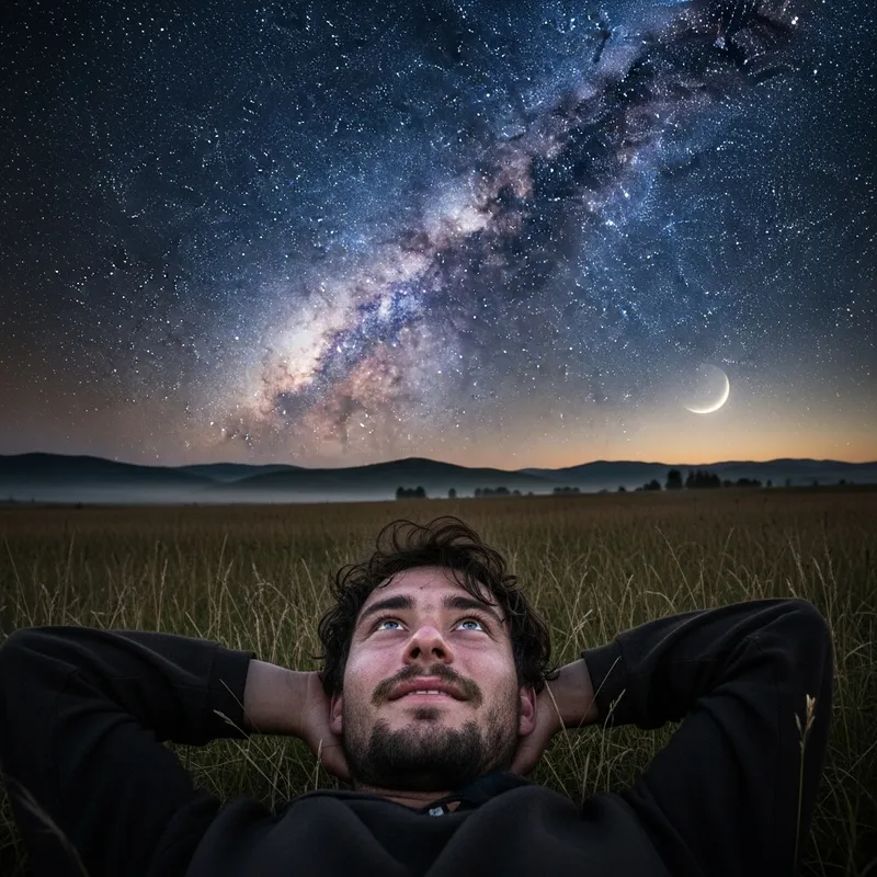 Young Shepherd in Awe Under Starry Night Sky Young Shepherd in Awe Under Starry Night Sky