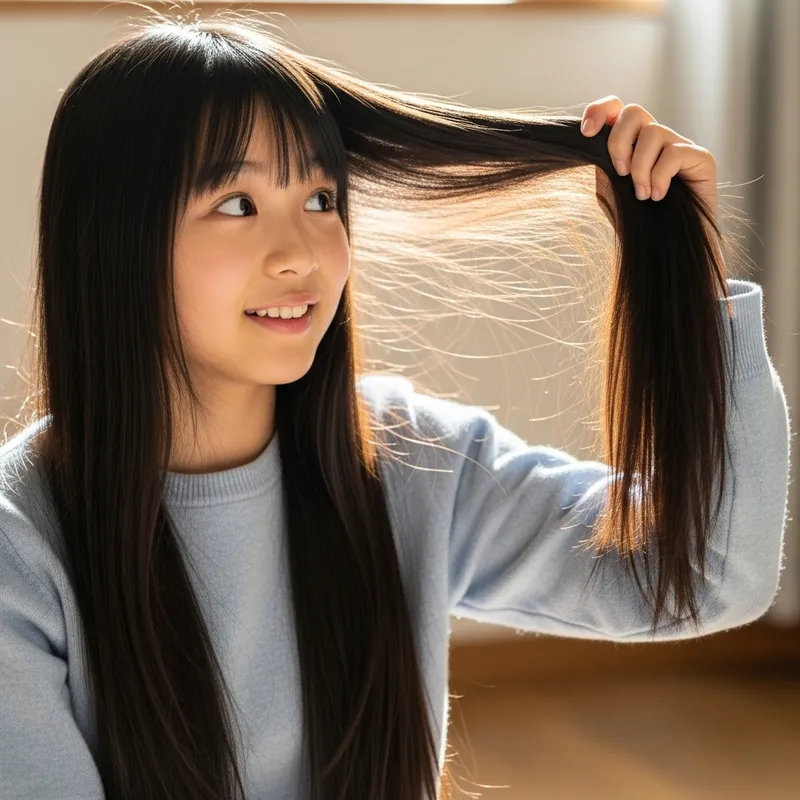 Young Japanese Girl Twirling Long Jet-Black Hair with Pure Joy