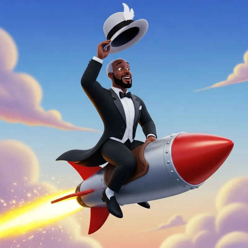 Lighter Skin Black Man in Tuxedo Fedora Hat Riding Emoji Rocket Lighter Skin Black Man in Tuxedo Fedora Hat Riding Emoji Rocket