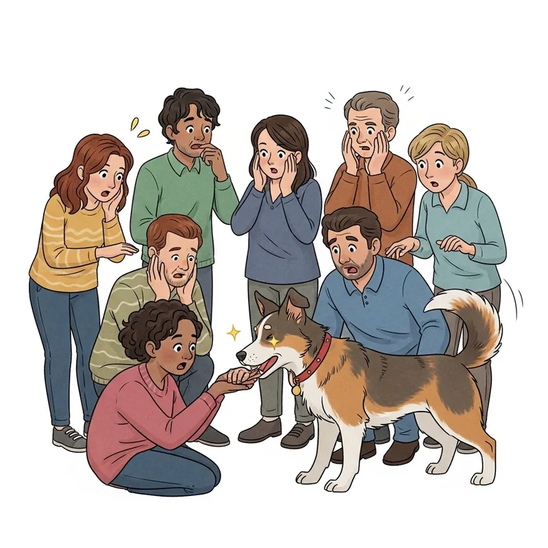 Playful Dog Bites Surprised People in Friendly Moment Playful Dog Bites Surprised People in Friendly Moment