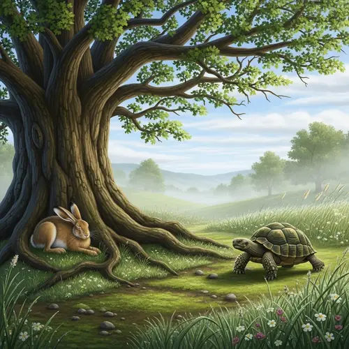 Tranquil Hare Sleeping Under Tree | Determined Tortoise Running