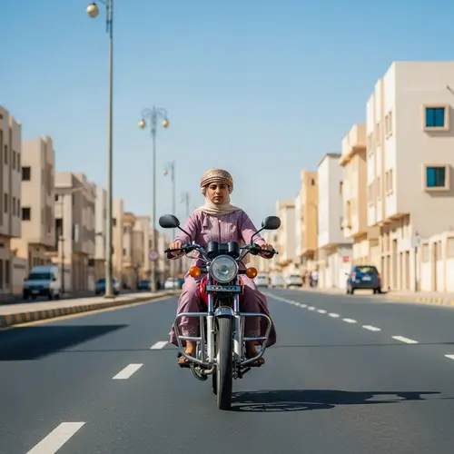 Omani Girl Riding Motor Bike in Traditional Dress