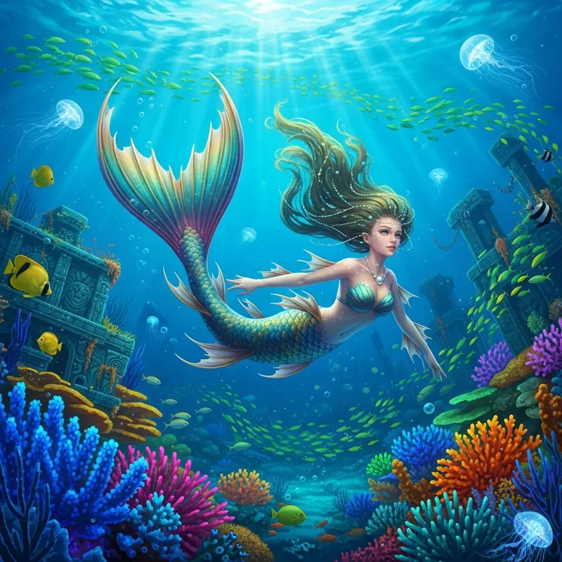 Mystical Mermaid in Vibrant Colors, Ethereal Lighting Underwater
