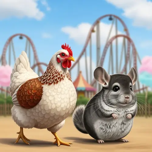 Cute Hen and Funny Chinchilla Enjoying Amusement Park Fun