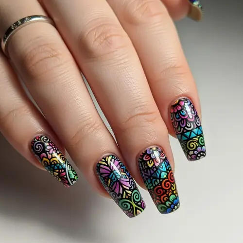 Vibrant Nail Art Design with Intricate Patterns