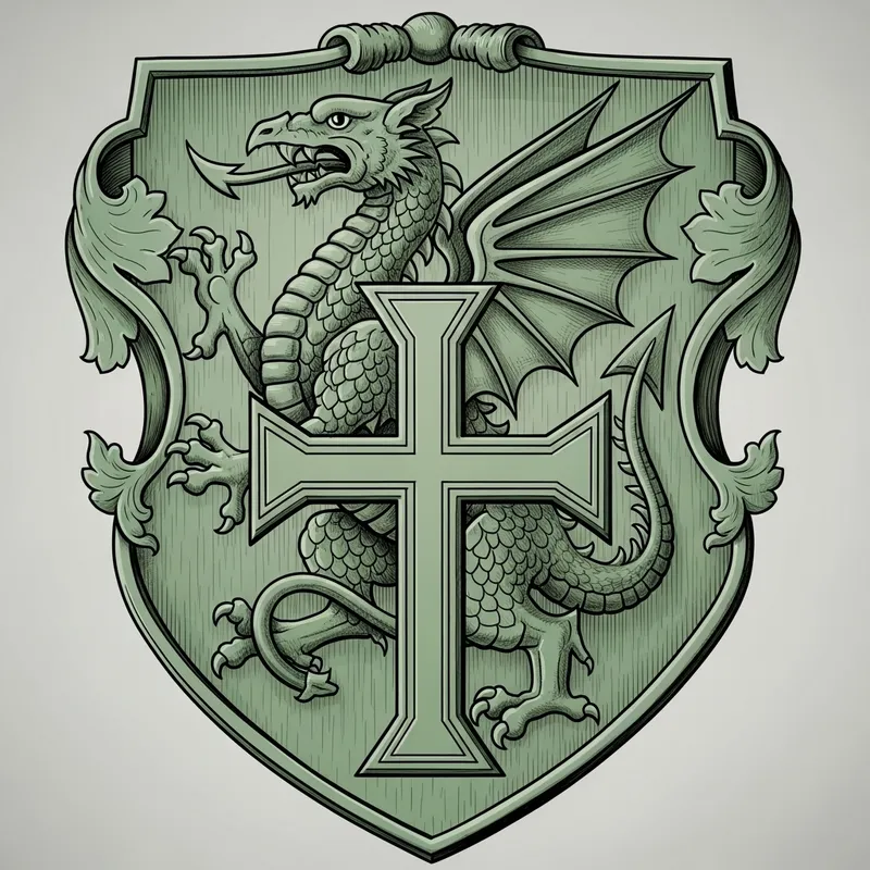 Green Coat of Arms with Dragon Crest in Drawing Style