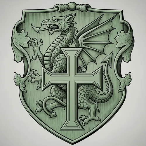 Green Coat of Arms with Dragon and Cross Drawing Style