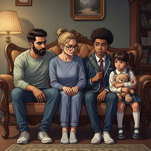 Tired-Looking Diverse Family Relaxing in Cozy Living Room