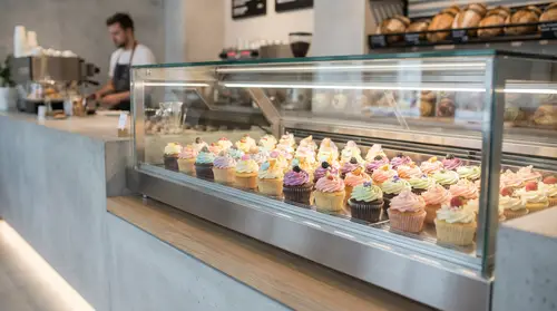 Colorful Cupcakes Display in Modern Bakery