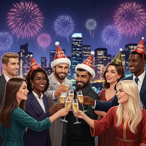 Diverse New Year Celebration with Sparkling Fireworks