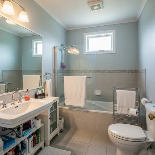 Neatly Maintained Light-Blue Bathroom with Tub and Toilet