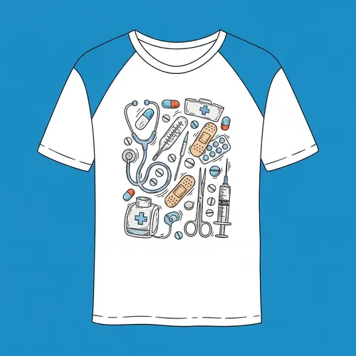 White and Blue Medical Tools Doodle T-Shirt | Casual & Playful Design