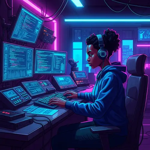 Futuristic Cyberpunk Programmer Coding | Sharp Lines & Vibrant Colors