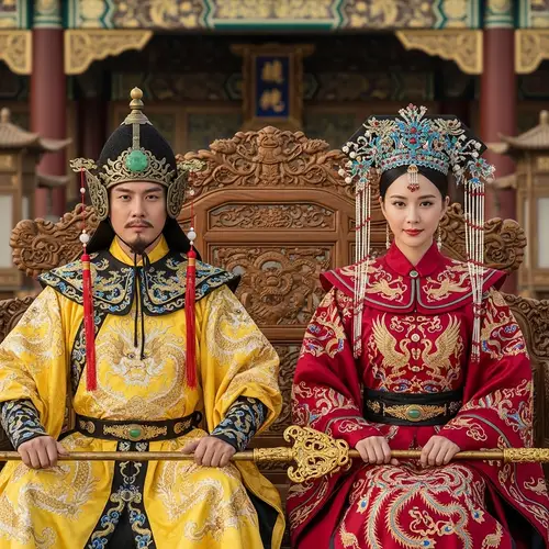Traditional Chinese King and Queen in Majestic Attire