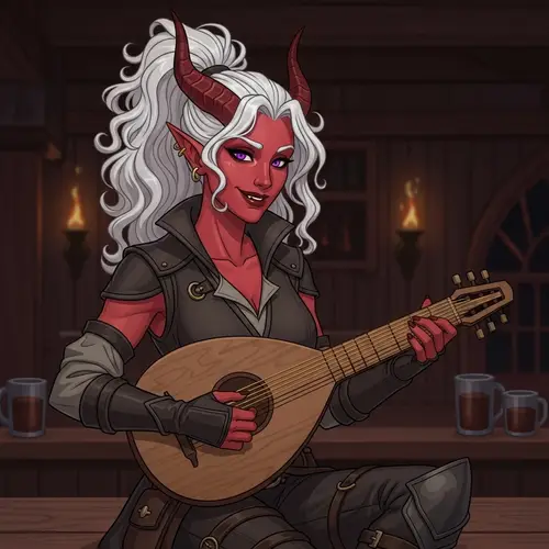 Malefic Musician - Fantasy Tiefling Character in Rogue Attire