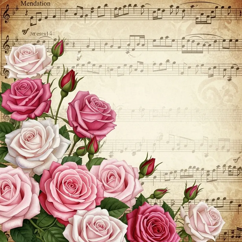 Rose Pink Flowers in Various Tones on Vintage Score Background
