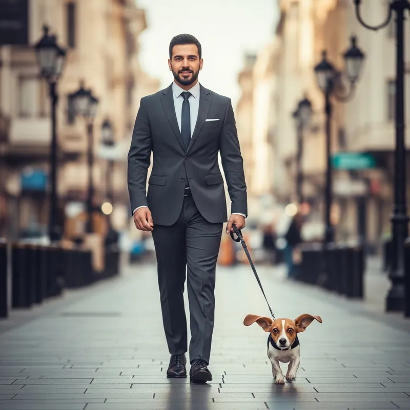 Rich Middle-Eastern Businessman Walking Comical Dog