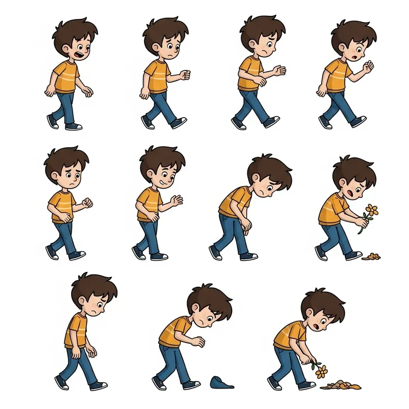 2D Boy Character Walking and Picking Up Flower | Emotions Sequence