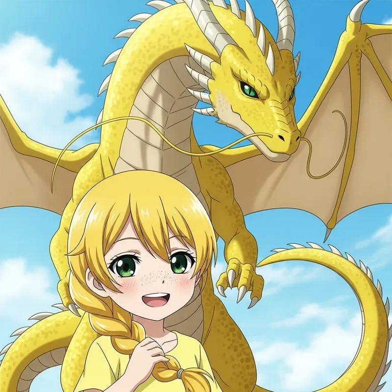 Bright Yellow Braid Anime Girl & Majestic Yellow Dragon Bright Yellow Braid Anime Girl & Majestic Yellow Dragon