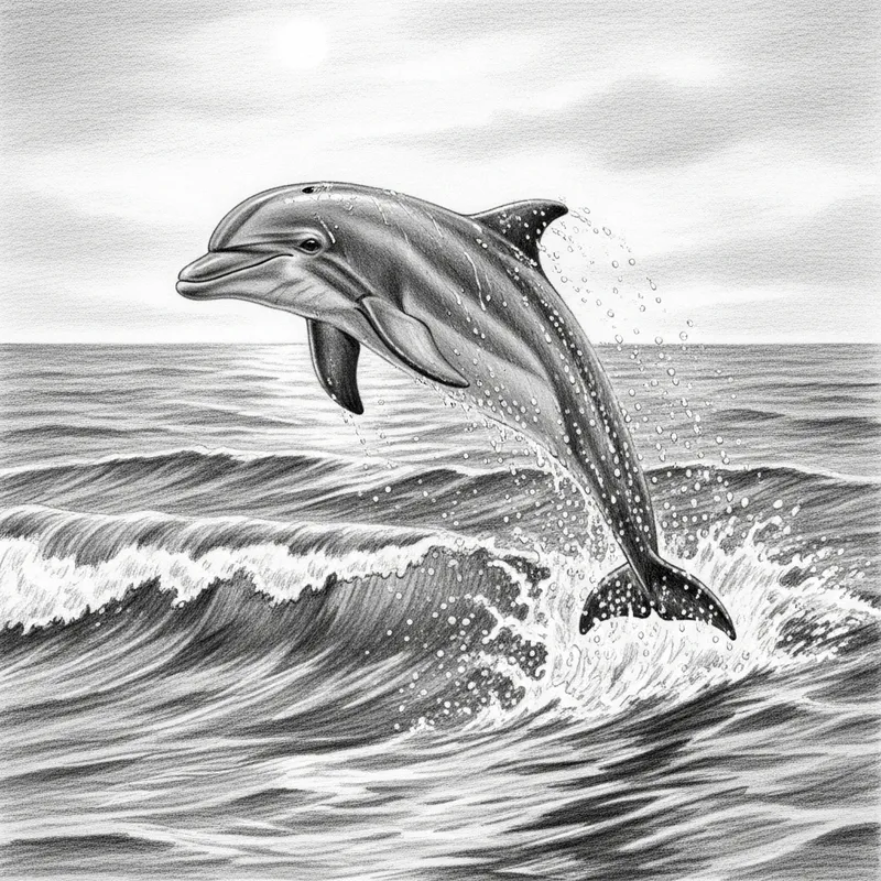 Detailed Sketch of Joyful Baby Dolphin Leaping out of the Choppy Waves