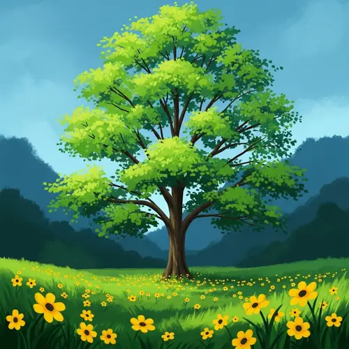 Tranquil Landscape Painting with Majestic Tree and Blue Sky