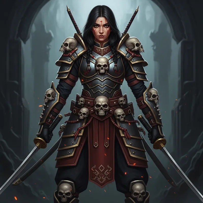 Warrior Girl with Skulls and Armor: Strength & Resilience