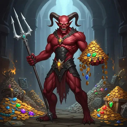 Demonic Entity with Trident and Wealth in Dark Cave