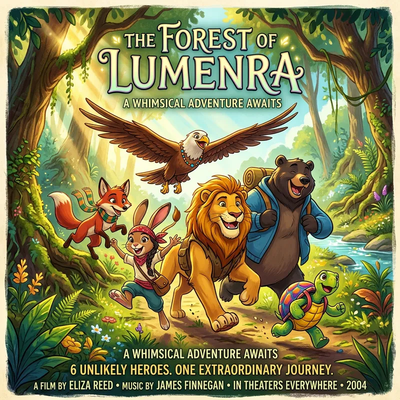 Whimsical Pixar-Style Poster with Colorful, Anthropomorphic Animals in Vibrant Forest Whimsical Pixar-Style Poster with Colorful, Anthropomorphic Animals in Vibrant Forest