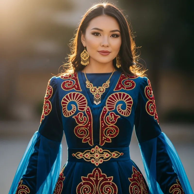 Asian Girl in Elegant Dark Blue Kazakh Dress