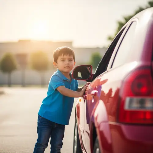 Young Hispanic Boy Pushing Red Car Outdoors