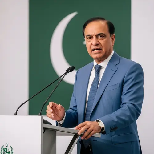 Confident Middle-Aged Man in Blue Suit Speaking Near Podium