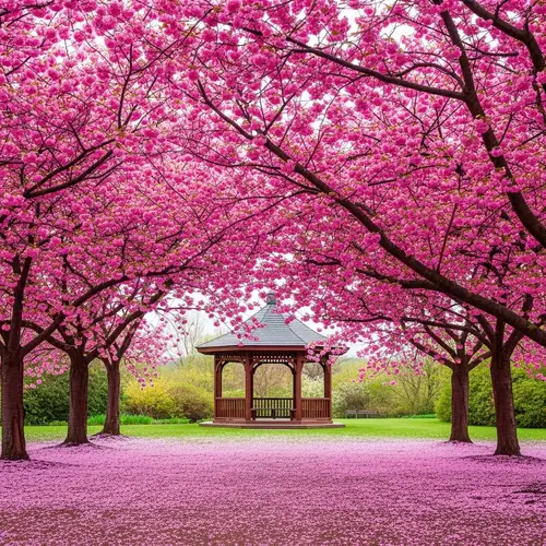 Tranquil Sakura Garden with Elegant Gazebo and Pink Blossoms