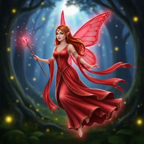 Red Butterfly Fairy with Magic Wand - Enchanting Fantasy Image