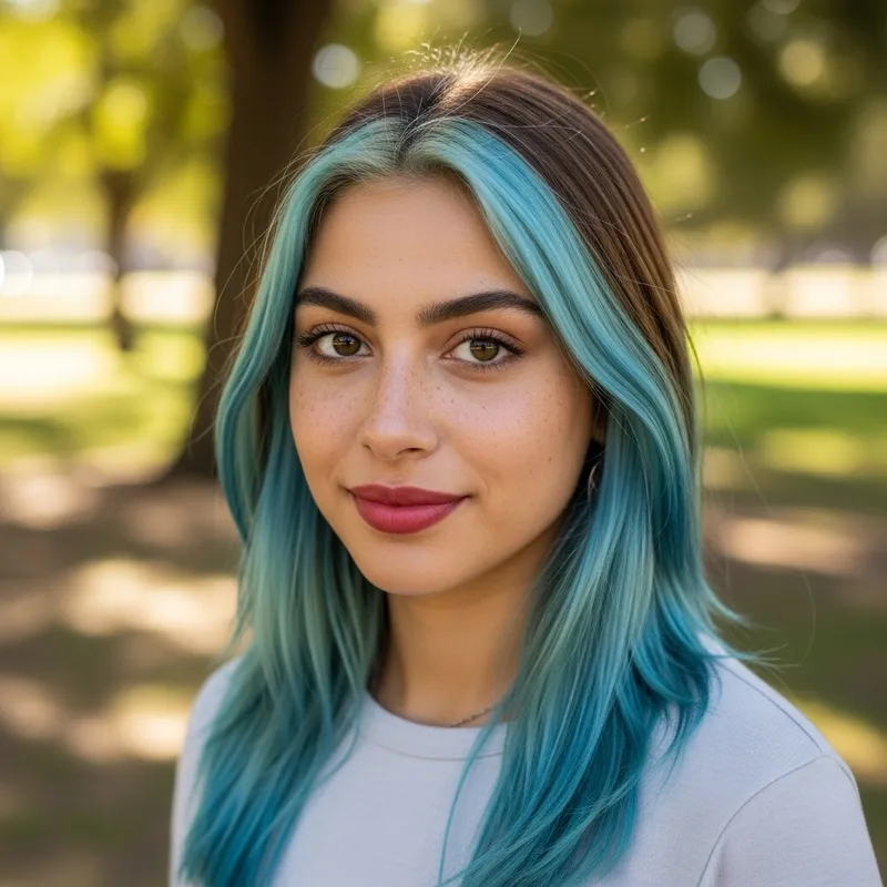 Portrait of Woman with Light Brown Hair and Celeste Blue Streak