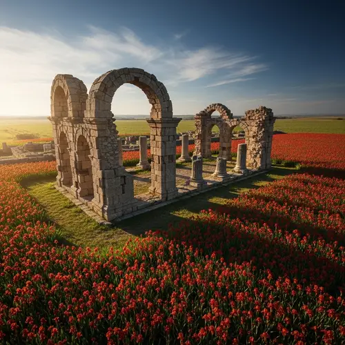 Ancient Ruins in Field with Red Irises - Explore History and Beauty