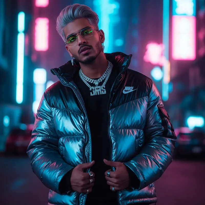 Cyberpunk Style: Male Supermodel in Nike Puffer Jacket