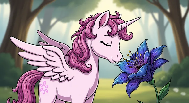 Charming Small Winged Unicorn Admiring Lovely Flower - Art