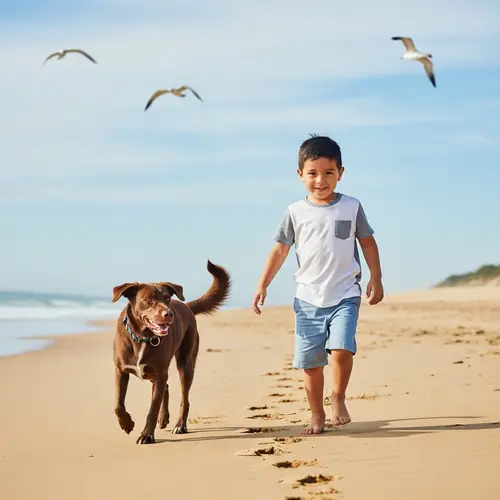 Hispanic Boy and Dog Enjoying Beach Moment