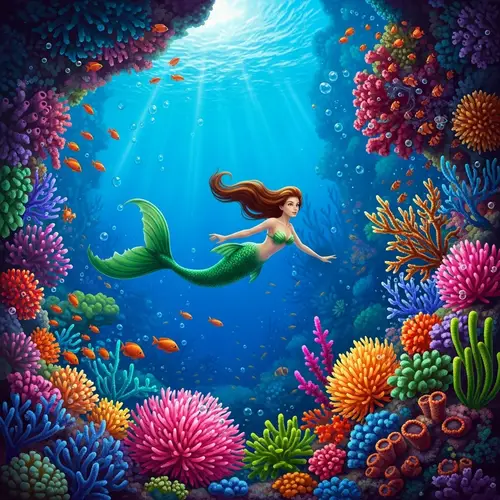 Surreal Underwater Mermaid Scene with Vibrant Coral Reef
