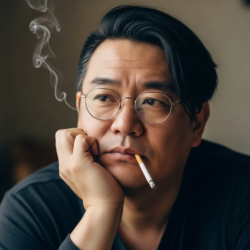Thoughtful Middle-Aged Man with Glasses and Cigarette Thoughtful Middle-Aged Man with Glasses and Cigarette