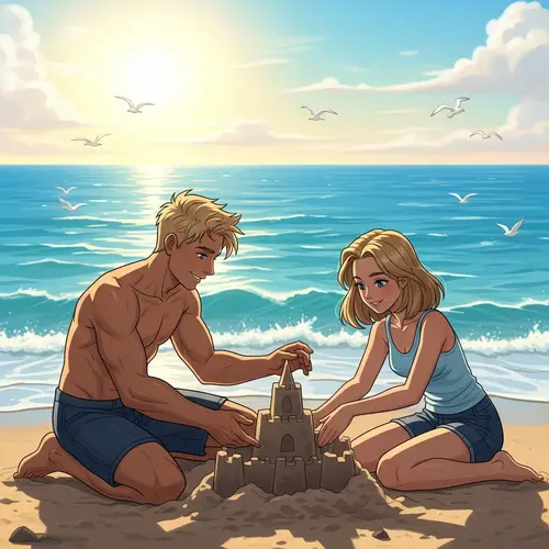 Tranquil Beach Day: Blond Boy & Girl Building Sandcastle