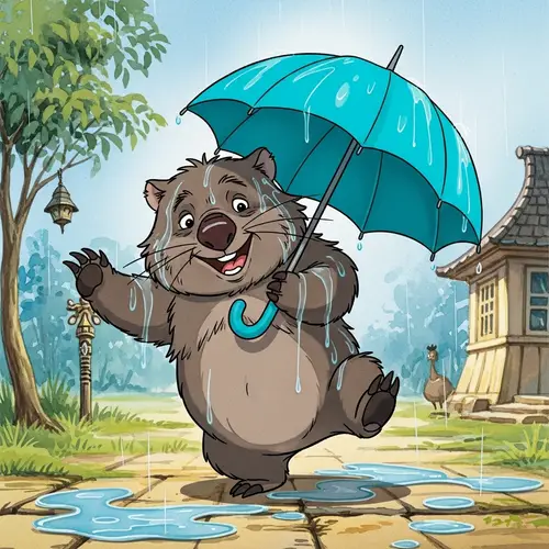 Soggy Wombat Dancing with Turquoise Umbrella | Vibrant Animated Scene